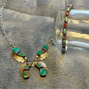 Vintage Sterling Silver Zuni Turquoise and Coral necklace and cuff bracelet set